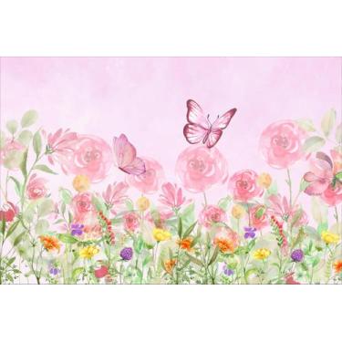 Imagem de Painel de Tecido Sublimado Jardim Borboletas Flores Rosa Aquarela  - F
