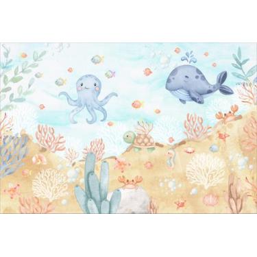 Imagem de Painel de Tecido Sublimado Fundo do mar Aquarela Animais Marinhos Reci