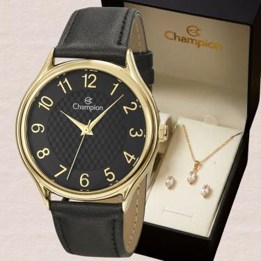 Imagem de Relógio Champion Feminino Analógico Dourado CH22706K + Kit Colar e Brinco
