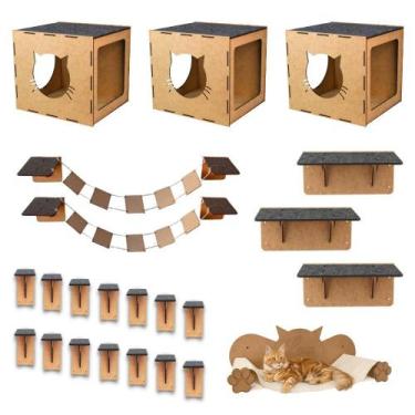 Imagem de Playground Gatos 23pçs Kit Completo Brinquedo Prateleiras Nichos Rede 