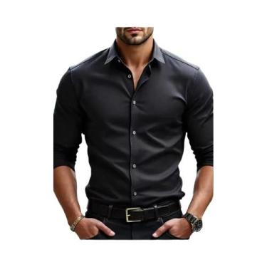 Imagem de Camisa Social Masculina Slim Fit Branca E Preta Lisa Para Negócios E C