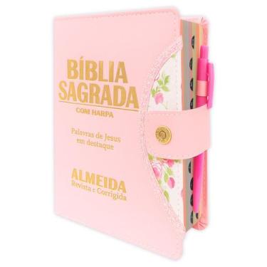 Imagem de Bíblia Sagrada Letra Grande - Rosa - Botão e Caneta Revista e Corrigid