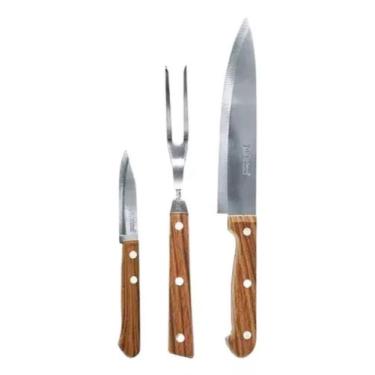 Imagem de Kit Conjunto Churrasco 3 Peças Com Facas Garfo Inox Madeira Inox Jogo 