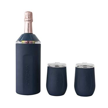 Imagem de Vinglacé Conjunto de presente – Isolador de garrafa com 2 taças de vinho sem haste – ótimas ideias de presente para amantes de vinho e champanhe (azul marinho)