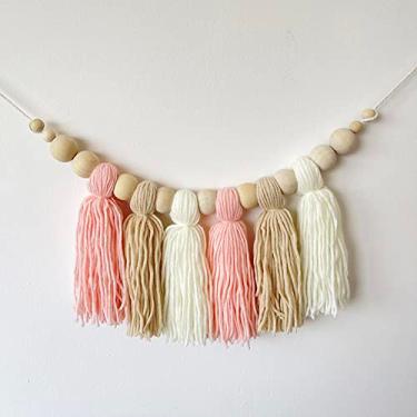 Imagem de 1 peça decoração de guirlanda de borla de algodão boho com miçangas de madeira decoração de berçário para barraca de quarto de crianças pendurada adereços de fotos, 01, rosa suave