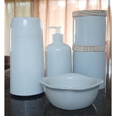 Imagem de Kit higiene bebê 5 peças - Garrafa térmica, potes, porta álcool e molhadeira - Porcelana Branca tampa pinus