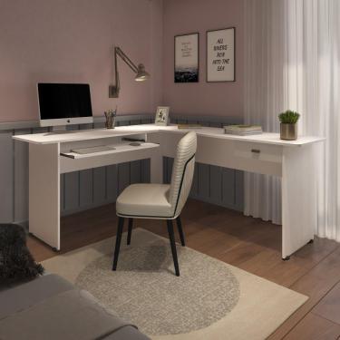 Imagem de Mesa Escrivaninha de Canto em L MDF Prateleira Computador 1 Gaveta Quarto Home Office Artely Branco
