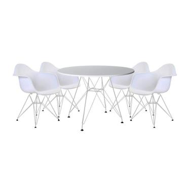 Imagem de Mesa de Jantar Eames Eiffel Redonda Branca 90cm com 4 Poltronas Brancas Ferro Branco