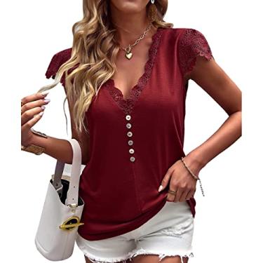 Imagem de Camiseta Feminina Com Decote Em V, Camiseta Com Decote Em V de Renda Adequada para a Pele Com Acabamento de Botões para a Vida Diária (XL)