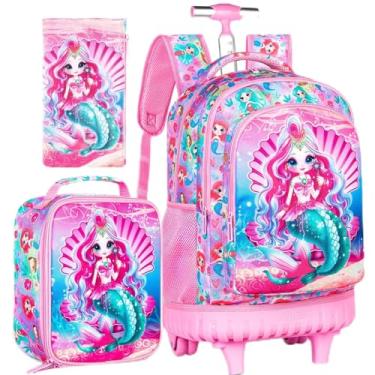 Imagem de AGSDON 3 peças, mochila com rodinhas para meninas, 50,8 cm, mochila escolar com rodas com lancheira - rosa sereia, Shell Mermaid Pink 01, 18" rolling backpack set
