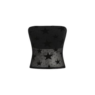 Imagem de Milumia Camiseta regata feminina Y2k Star Print Mesh Tube Top sem alças, Preto, G