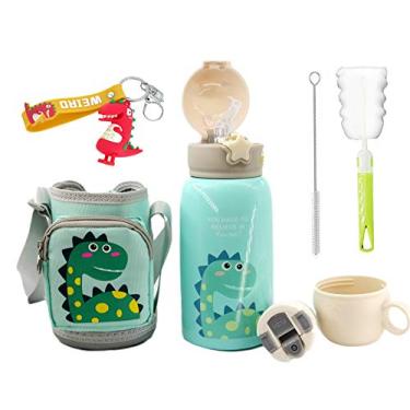 Imagem de Garrafa de água infantil para escola verde dinossauro viagem térmica com alça de palha 316 garrafa de copo a vácuo de aço inoxidável menino presente de aniversário (600 ml, dinossauro verde)