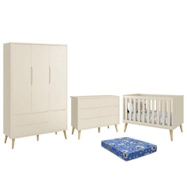 Imagem de Dormitório Theo Retrô 3 Portas, Cômoda 6 Gavetas, Berço com Pés Madeira Natural e Colchão - Reller Móveis