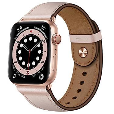 Imagem de OUHENG Pulseira de substituição de couro genuíno para Apple Watch SE2 SE séries 10, 9, 8, 7, 6, 5, 4, 3, 2 e 1, de 42 mm/41 mm/40 mm (areia rosa/ouro rosa)