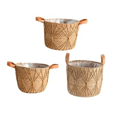 Imagem de Generic 3x Cestas de palha trançadas para plantadores, capas para plantadores internos, cesto de roupa suja, cestas de armazenamento portáteis Boho para, Cáqui