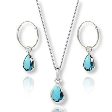 Imagem de Conj Colar E Brinco Argola Pingente Gota Zirconia Prata 60cm - Lojas L