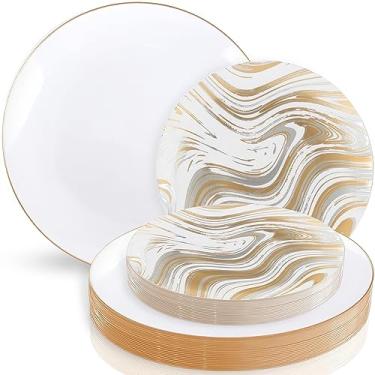 Imagem de Blue Sky Pratos de plástico descartáveis Curve Elegance Gold & Silver – Pacote combo de 32 unidades, 19 cm e 25 cm | Conjunto redondo premium para jantar de festa e evento