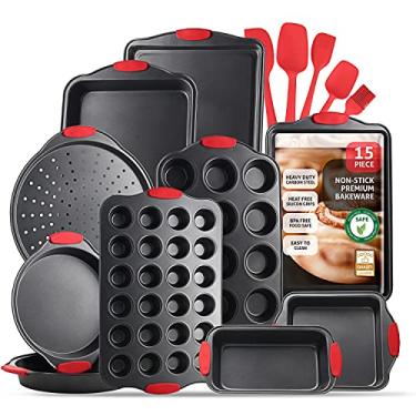 Imagem de Conjunto de assadeiras antiaderentes de 15 peças, sem BPA, folhas de biscoito de aço antiaderente para forno com forma de muffin, forma de bolo e utensílios de cozinha - preto