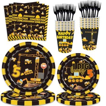 Imagem de 100 Pcs Construction 5th Birthday Party Supplies Dump Truck Theme Five Decorations Tableware Includes Plates, Cups, Napkins for Boys Construction Five Years Old Birthday Party Decorations Favors