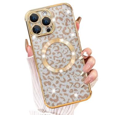 Imagem de Fiyart Capa projetada para iPhone 16 Pro, compatível com MagSafe Cheetah Print Plating Camera Protection Clear Phone Case, estampa de leopardo com glitter magnético para mulheres e meninas à prova de