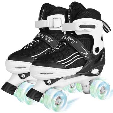 Imagem de HXWY Patins para meninos para meninas, crianças, ajustáveis, 4 tamanhos, quadriciclos, patins para crianças e jovens com rodas iluminadas para esportes, preto e branco (grande-juvenil 4-7)