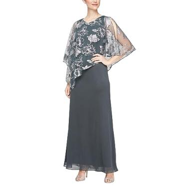 Imagem de S.L. Fashions Vestido feminino longo brilhante estampado de chiffon com sobreposição de casamento, vestido formal com capa anexada, Floral fumê e prata, 50