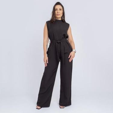 Imagem de Macacão feminino pantalona soltinho regata cinto gola alta - Swiss Bou