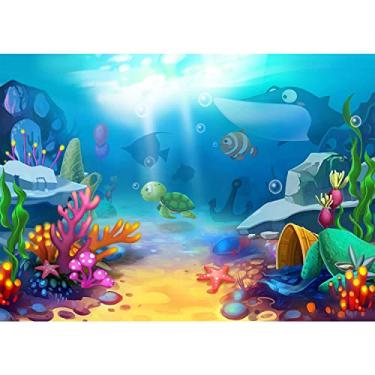 Imagem de NeoBack 2,1 x 1,5 m Fundo de vinil com desenho animado mundo subaquático fotografia fundo mar mundo peixes tópicos colorido coral recife tartarugas tubarão raio solar verão férias crianças festa de