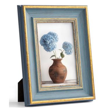Imagem de Afuly Porta-retrato vintage 10 x 15 cm, elegante, retrô, azul, dourado, pendurar na parede, mesa de verão, decoração de casa, presentes de aniversário de casamento para avó, mãe, mulheres, pais
