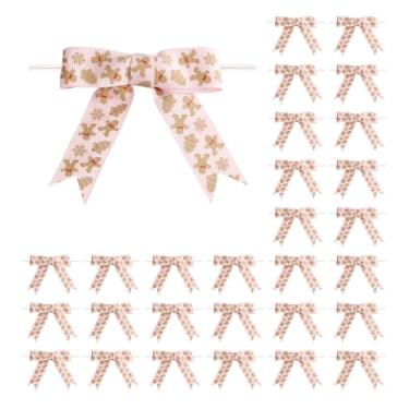 Imagem de Meseey 30 peças de pão de gengibre rosa de 7,6 cm com laços de fita de lona de doces rosa branco Feliz Natal laços torcidos para embrulho de presente de Natal arco de guirlanda DIY suprimentos de