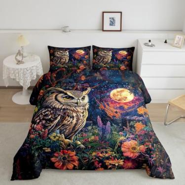 Imagem de Jogo de cama king de coruja selvagem para crianças, meninos e meninas, flores florescendo na selva, decoração de quarto juvenil, boêmio, lua e montanha, conjunto de edredom com 3 peças, céu estrelado
