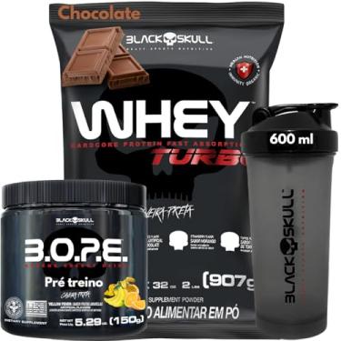 Imagem de Black Skull Whey Protein 907g + Pré-Treino 150g + Coqueteleira 600ml - Kit Caveira Preta (Whey Chocolate - Bope Frutas Amarelas)
