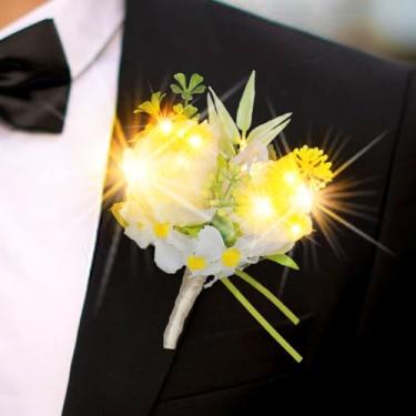 Imagem de Latious Flor iluminada noiva casamento flor casamento flor casamento decoração de terno para homens (luz branco-amarela)