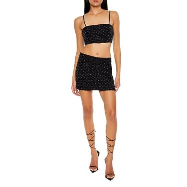 Imagem de Forever 21 Conjunto de mini saia e cami cropped com strass feminino, Preto, PP