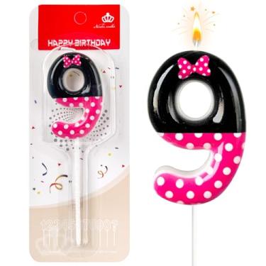 Imagem de JonesLi 9º Velas de aniversário rosa e pretas para meninas, decorações de 9º aniversário para meninas, enfeite de bolo de rato rosa, decoração de cupcake, decoração de festa de aniversário com tema de