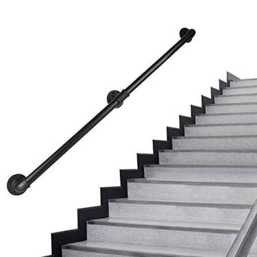 Imagem de Rectoo Corrimão de escada de tubo, corrimão de escada de metal de 1,5 m, trilho de mão de ferro industrial galvanizado preto para suporte de montagem em parede interna e externa, corrimão de parede
