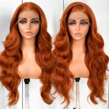 Imagem de BlackSwern Peruca Ruiva Sintética 13X6, Peruca Frontal De Renda Hd 13X6 Pré-Depilada, Perucas Onduladas De 26 Polegadas, Densidade 200 Para Mulheres Negras, Pré-Depilada E Linha Capilar Natural De