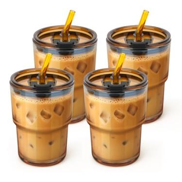 Imagem de Cafezi Copo de vidro de 368 g com canudo de vidro e tampa, copo de viagem reutilizável à prova de vazamento para café gelado, chá, matcha, suco de frutas – garrafa de água transparente de parede