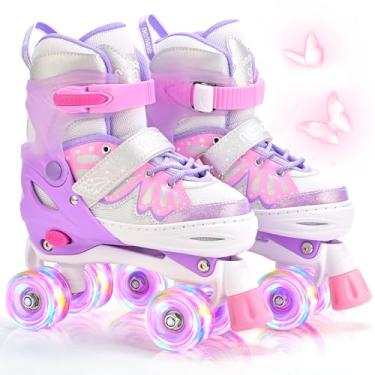 Imagem de NEMONE Patins com 4 tamanhos ajustáveis para meninas, patins borboletas para crianças 4-6 5-8 6-12 8-12, patins para iniciantes, ambientes internos e externos, rosa, roxo, P