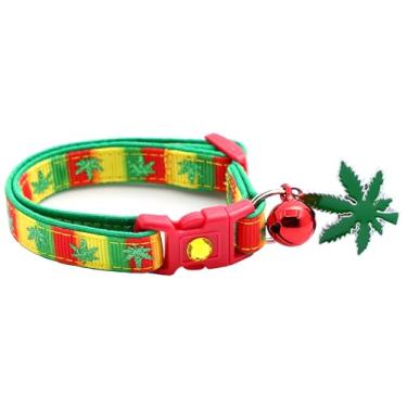 Imagem de Coleira para gatos de maconha com sino e pingente | Coleira de segurança | Tamanho grande ajustável ou coleira de gatinho... (rasta, pequena (4,5 kg e menos))