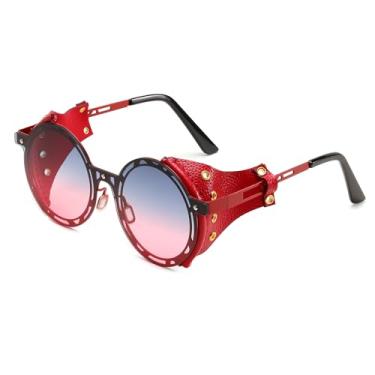 Imagem de FEISEDY Óculos de sol retrô redondo Steampunk feminino masculino vintage armação de metal couro B0140, Vermelho, Large