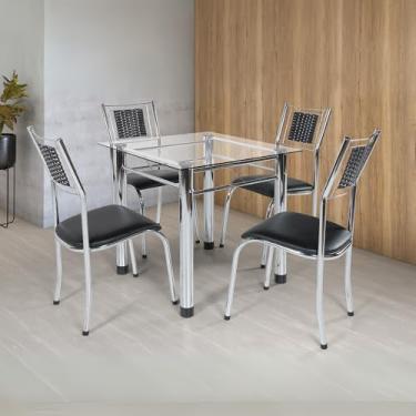 Imagem de Wj Móveis de Aço - Cadeira Tubolar Aço Cromada e Junco para Mesa de Cozinha Sala de Jantar Moderna (Cromado/Preto, Kit com 4 unidades)