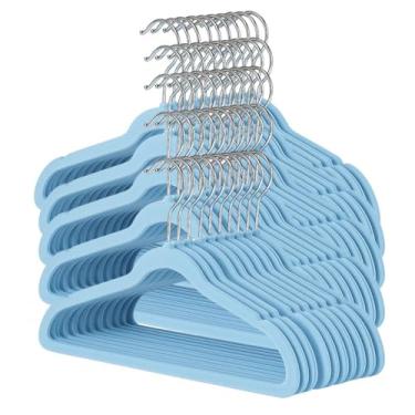 Imagem de Kit 50 Cabide Infantil de Veludo Antideslizante Slim Ultrafino para Roupa Calça Camiseta de Bebe (Azul)