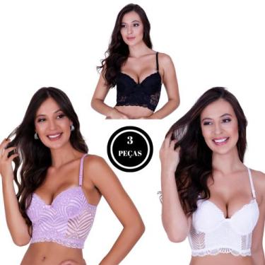 Imagem de Kit 3 Cropped sutiã de renda com bojo- c11 Kit 3 LUDMILA LILÁS BRANCO 