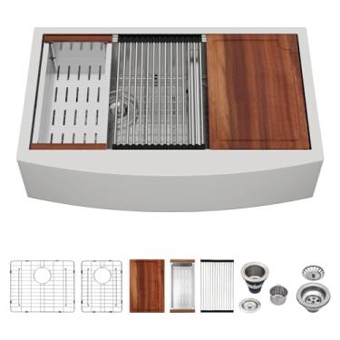 Imagem de Logmey Avental de aço inoxidável para pia de fazenda com 33 tigelas duplas, lavatórios de cozinha para fazendeiros, estação de trabalho, baixa divisão, lavatório duplo 60/40, calibre 16, pia de