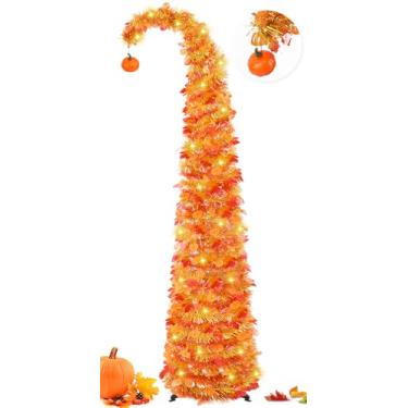 Imagem de MACTING Árvore de outono peculiar com 120 luzes LED, temporizador de abóbora, dobrável, folhas de bordo, árvore curvada, fácil de montar, para apartamento, varanda, casa, outono, Ação de Graças