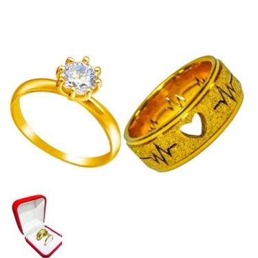 Imagem de Aliança 6mm Dourada Coração Batimentos Casamento Brilhos + Solitario A