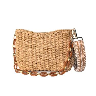Imagem de Eiyye Hobo Bag Bolsa feminina de palha transversal feita à mão pequena bolsa de praia de verão com corrente para viagens, compras, acampamento, férias na praia