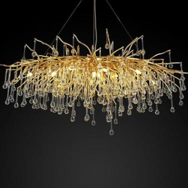 Imagem de Lustre De Cristal Dourado, Lustre De Galho De árvore De 100 Cm Retangular Luminárias De Sala De Jantar Sobre A Mesa Lustre De Gota De Chuva Teardrop Luzes Pendentes De Teto Alto Para Sala D