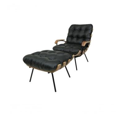 Imagem de Poltrona E Puff De Couro Costela Com Braço Preto Pigmentado - Clube Móveis